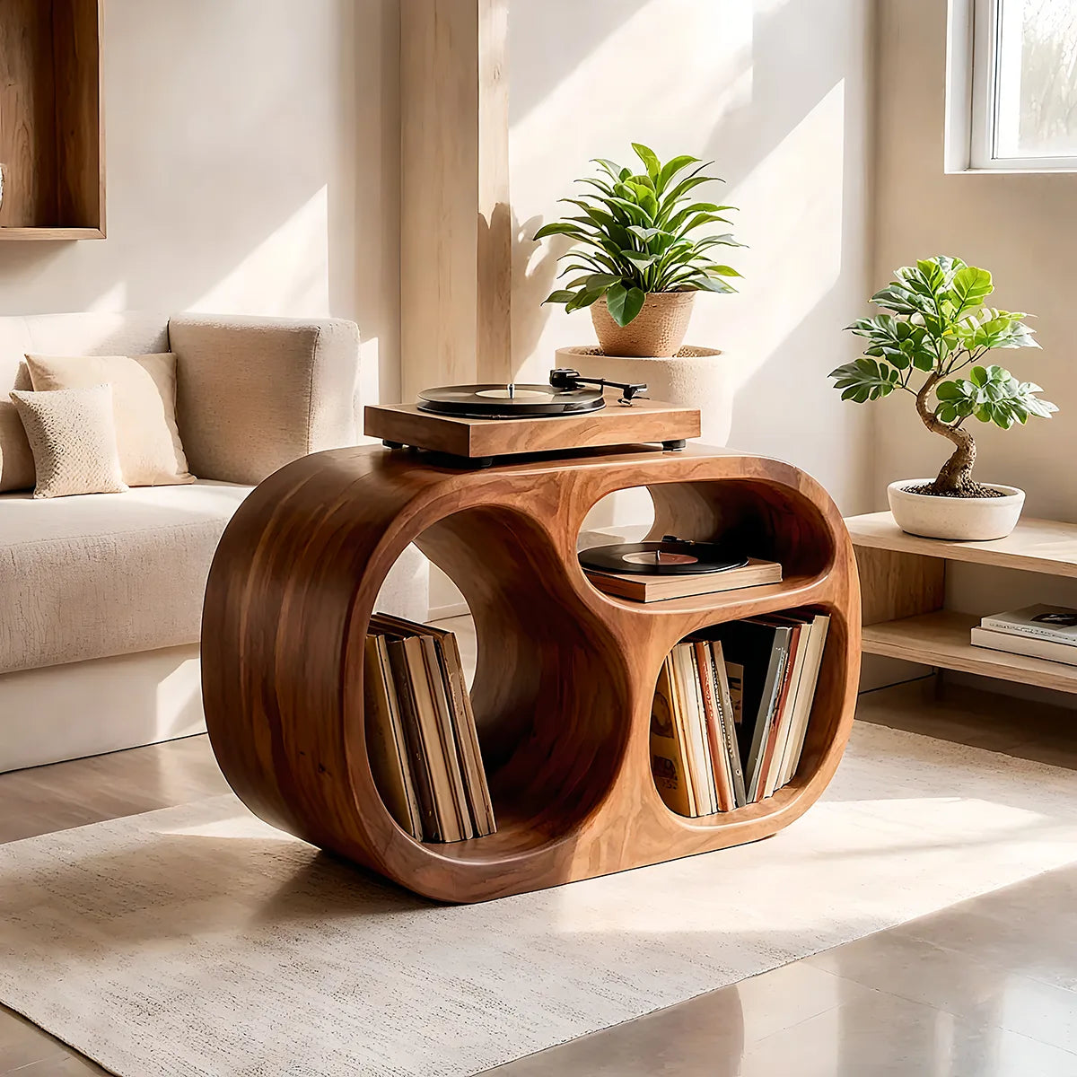 Sculptural Solid Wood Record Player Stand & Vinyl Storage Cabinet