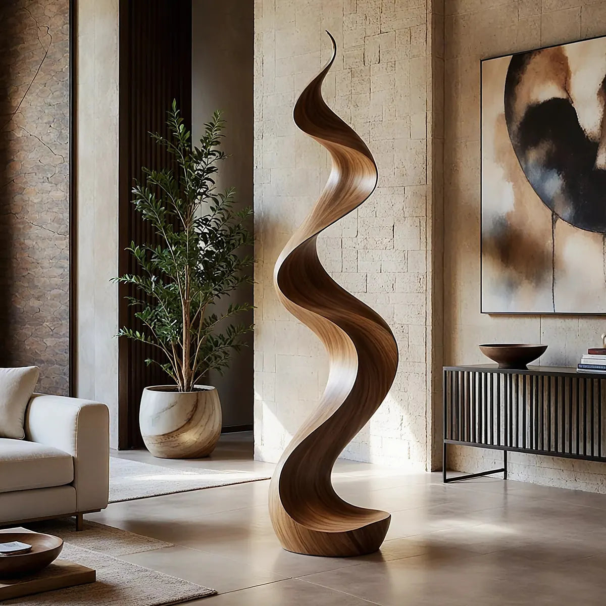 Handcrafted Solid Wood Wave Sculpture – Modern Organic Floor Art for Living Room & Entryway TT006-6662