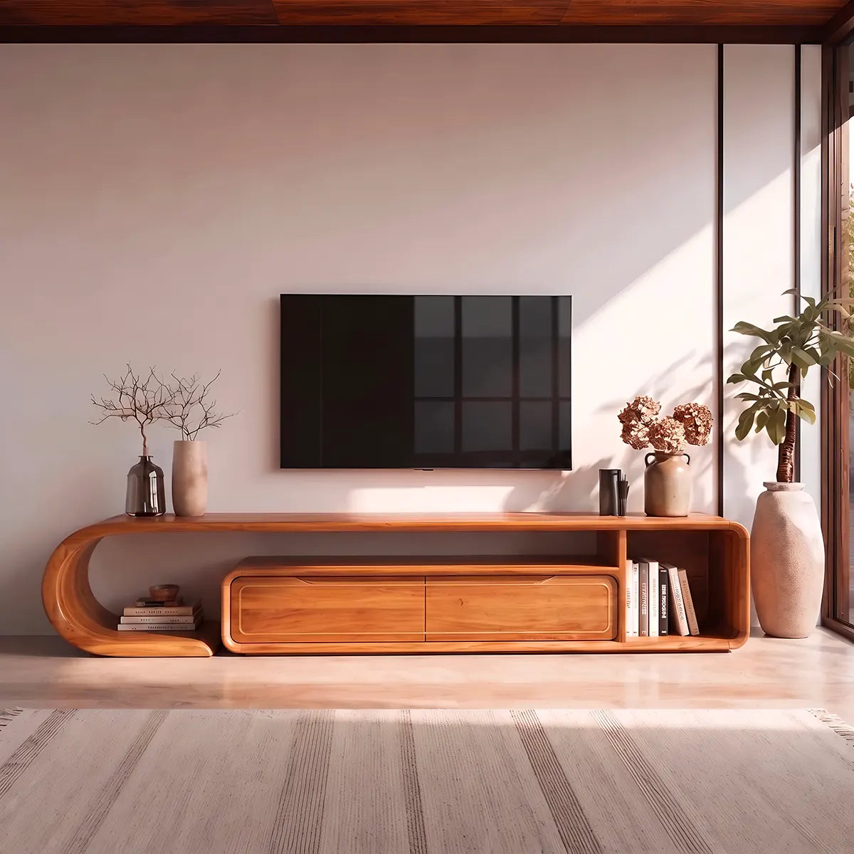 Modern Sculptural TV Stand with 2 Drawers & Open Storage | Curved Low Profile Media Console TT006-8OVX9CA