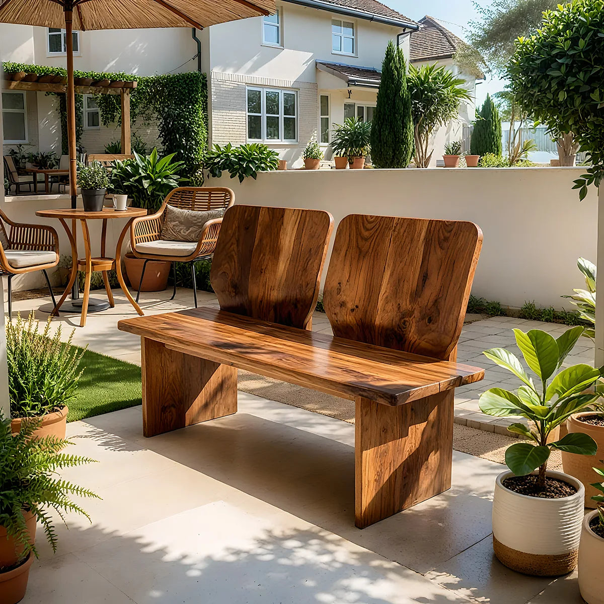 Solid Wood Double Back Dining Bench with Sculptural Artisan Design