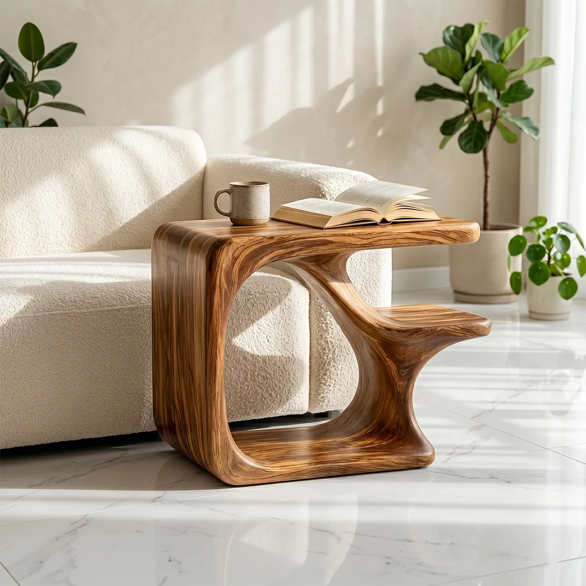 Solid Wood C-Shaped Side Table with Shelf | Sculptural Design TH003-8802