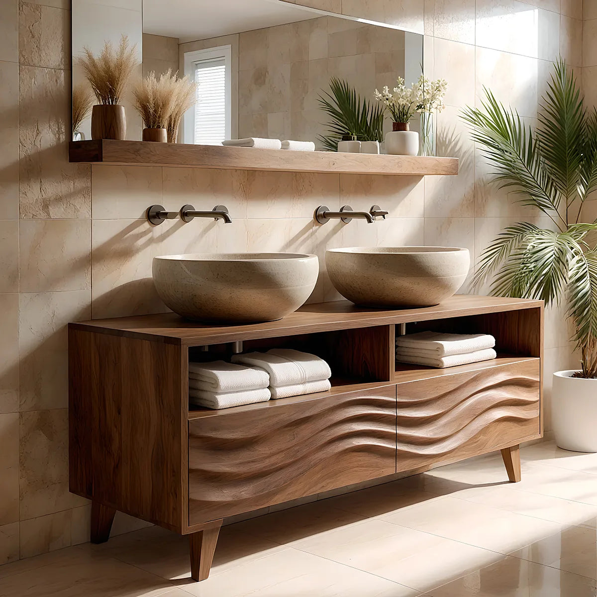 Solid Wood Double Sink Bathroom Vanity with Carved Wave Doors and Open Upper Shelves