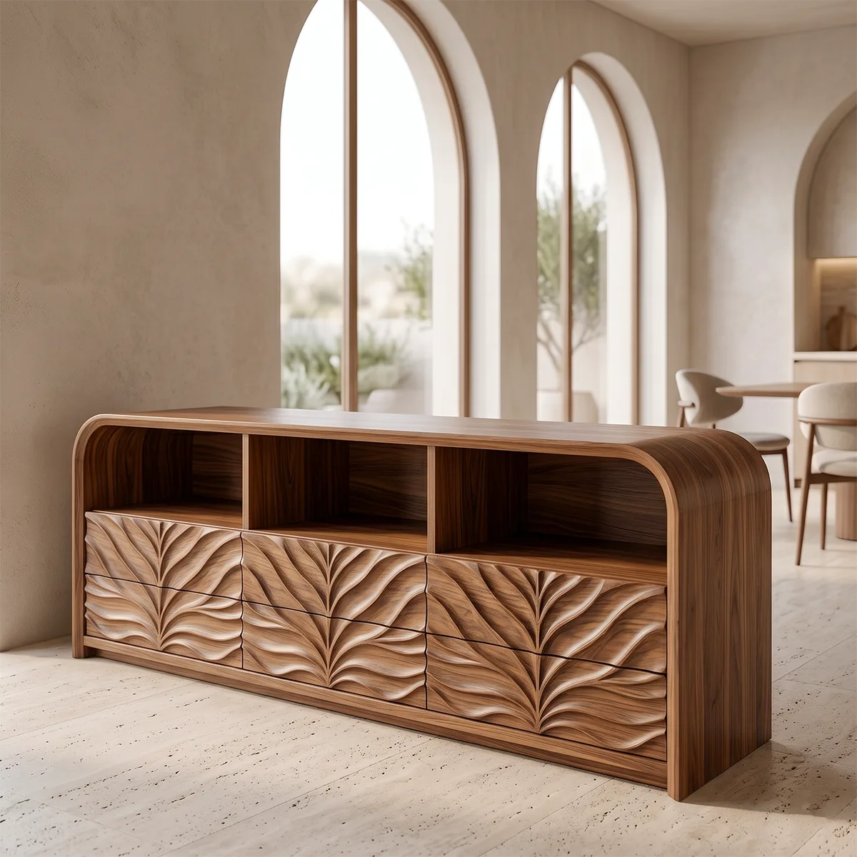 Modern Sideboard Cabinet | Leaf Carved Storage Cabinet with Open Shelves & 8 Drawers TH003-9304