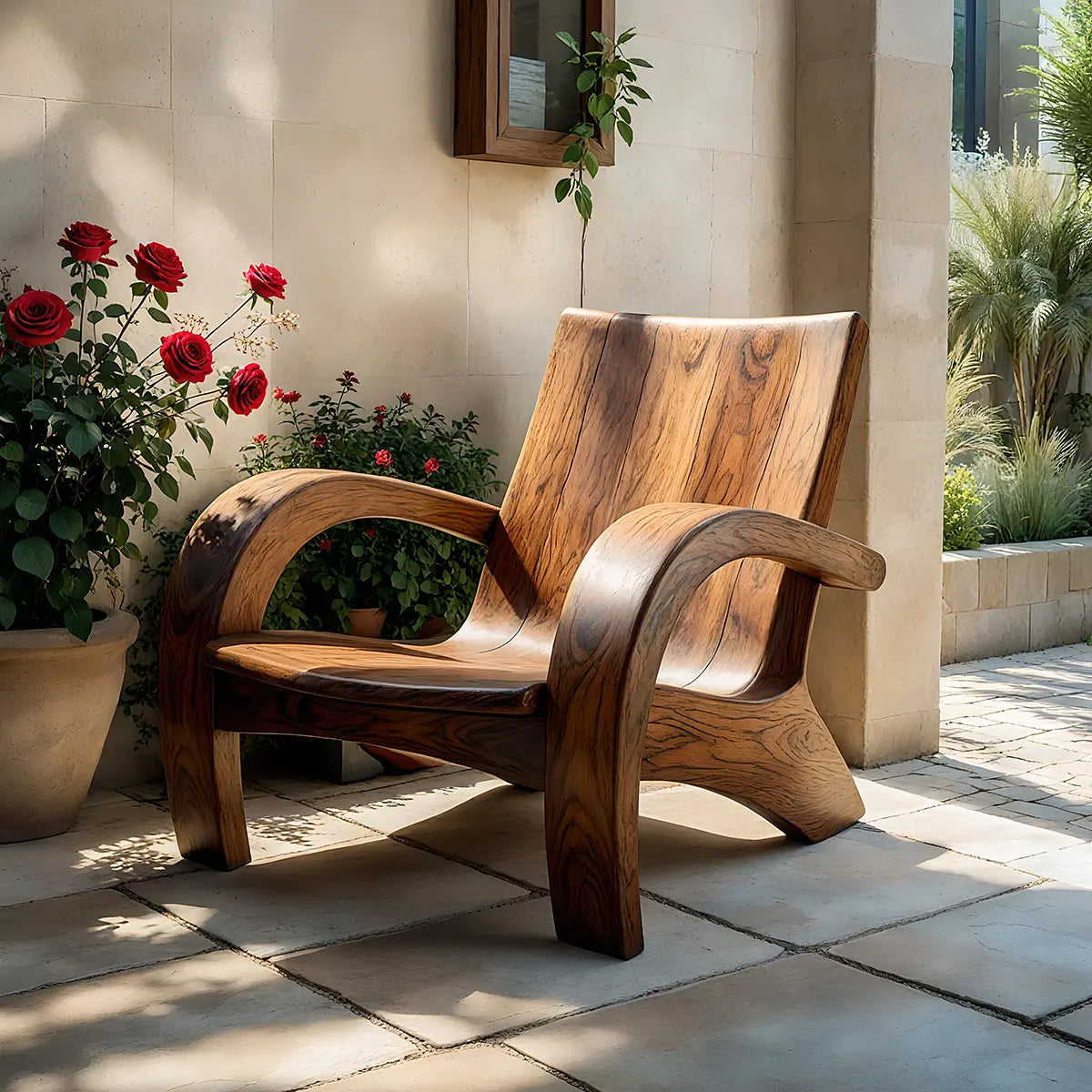 Handcrafted Solid Wood Lounge Armchair Sculptural Accent Chair