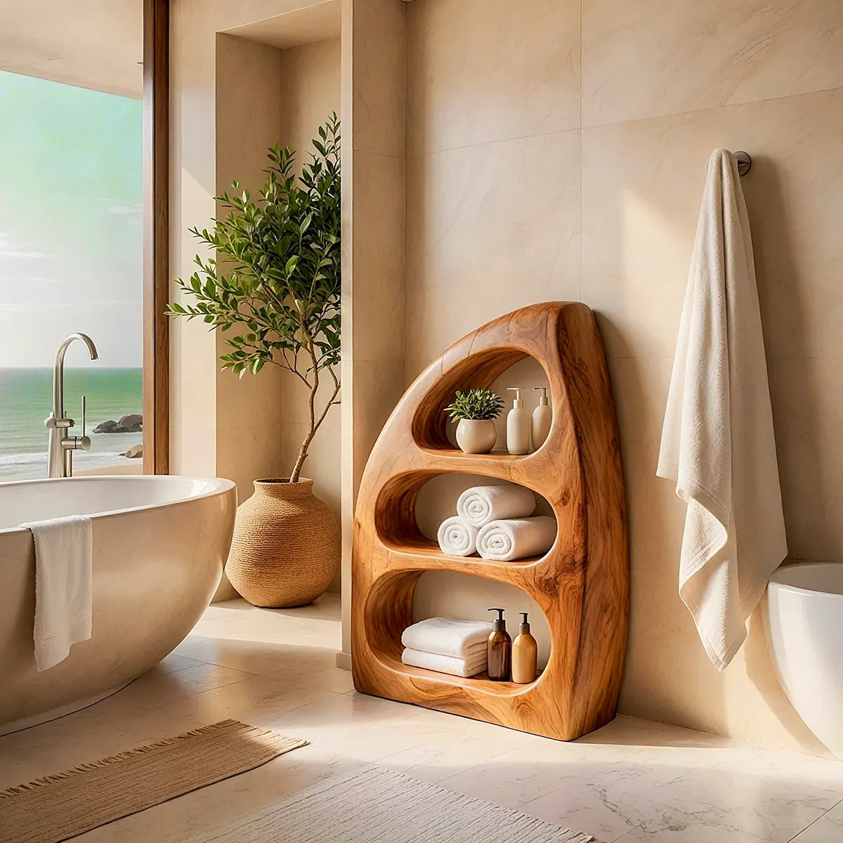 Sculptural Bathroom Cabinet with 3 Open Shelves | Organic Modern Storage TT006-2YFR1YX