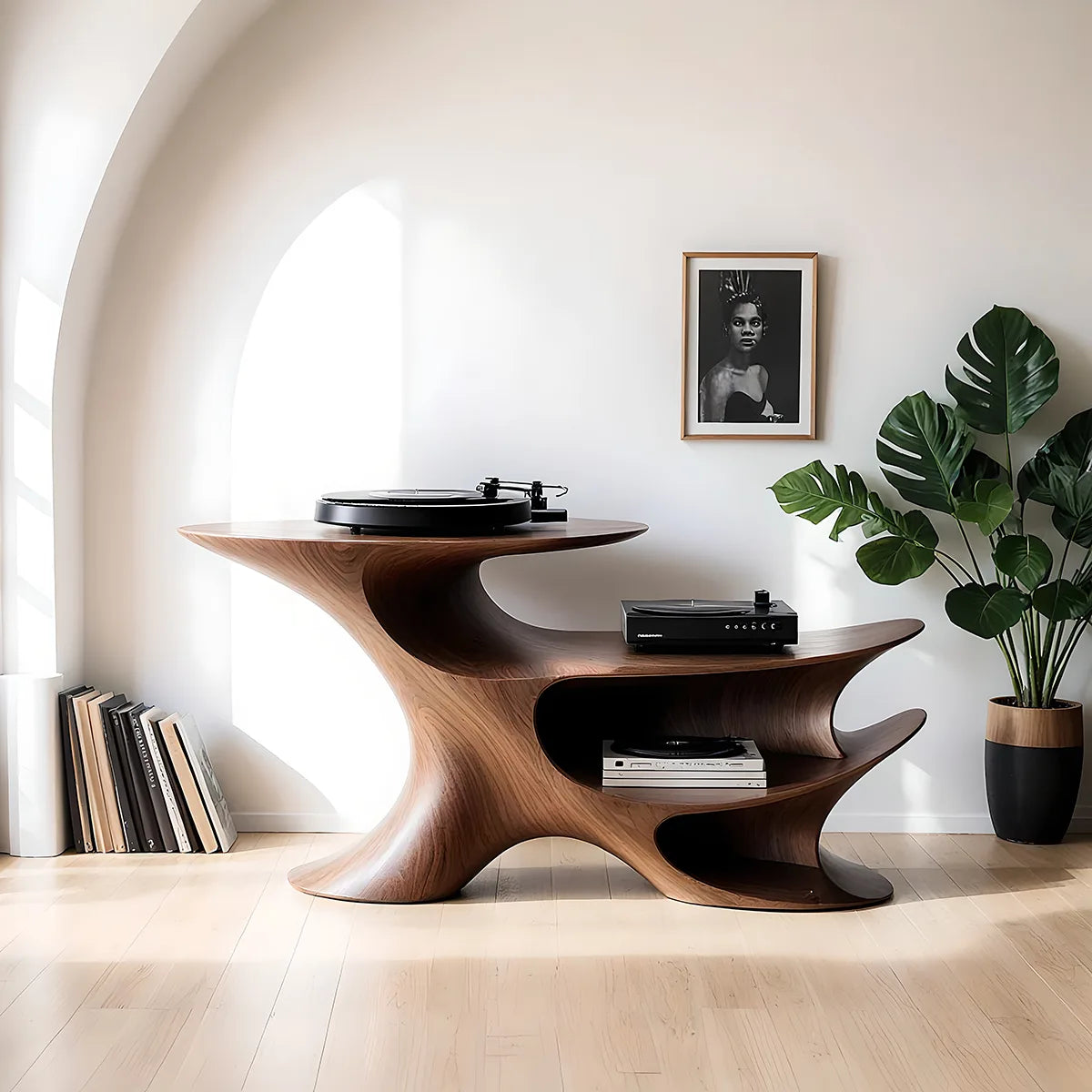 Luxury Solid Wood Record Player Console, Modern Organic Audio Stand with Open Shelves