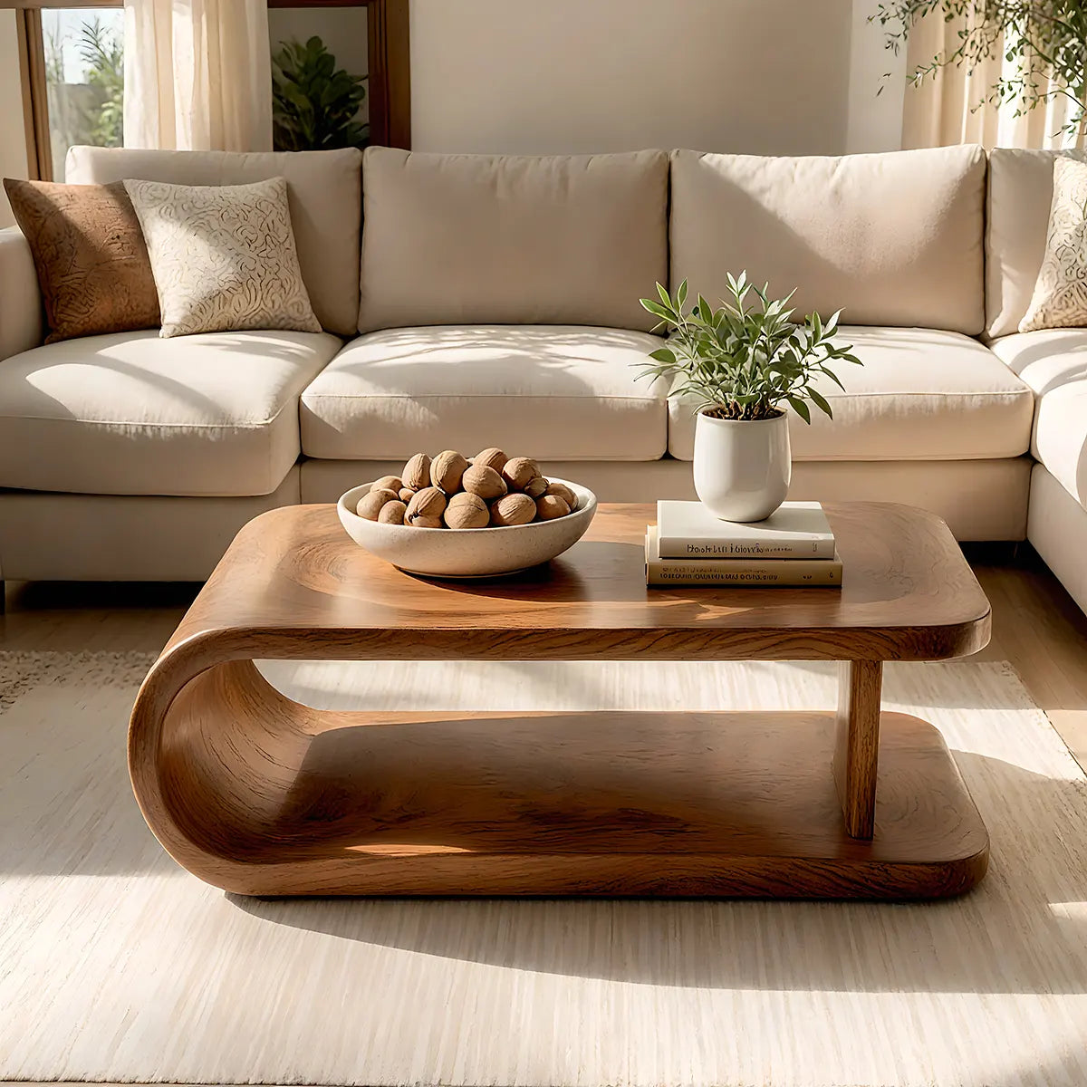 Modern Waterfall Coffee Table | Sculptural Open Shelf Center Table for Contemporary Living Room TT006-7074