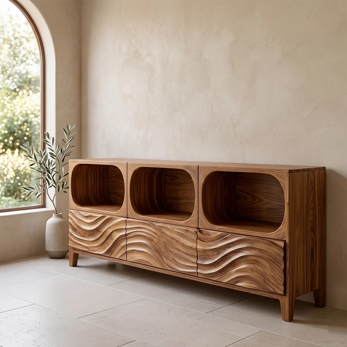 Modern Sideboard Cabinet | Wave Front Storage Cabinet with Open Shelves & Drawers TH003-8331