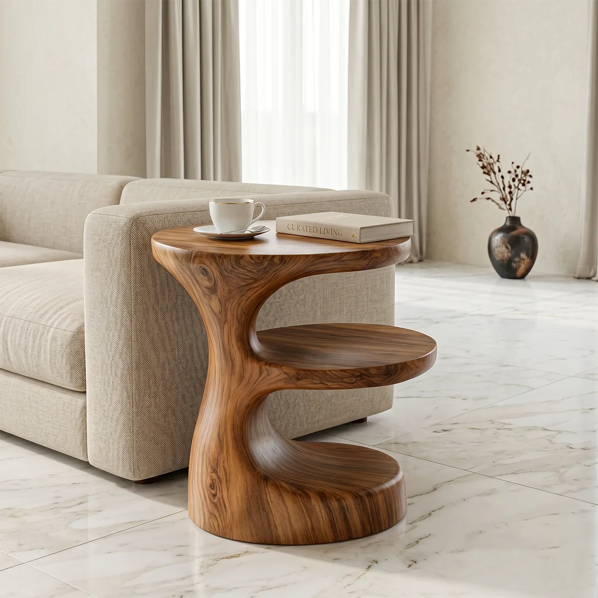 Handcrafted Solid Wood 3-Tier End Table – Sculptural Organic Side Table for Living Room TH003-2631