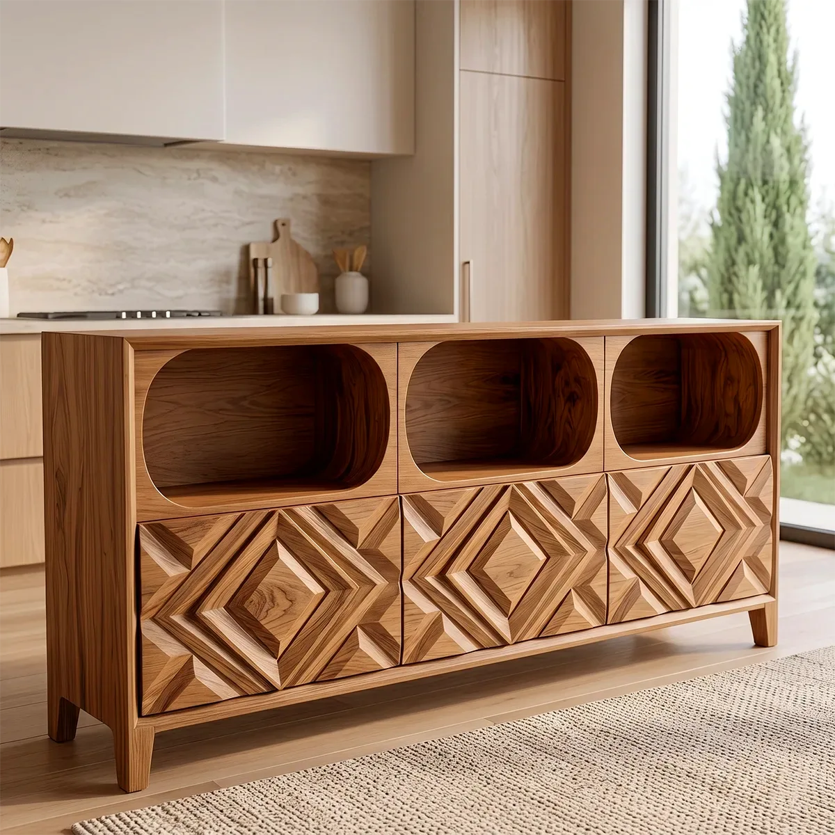 Modern Sideboard Cabinet | Geometric Carved Buffet Cabinet with Open Shelves & Storage TH003-2841