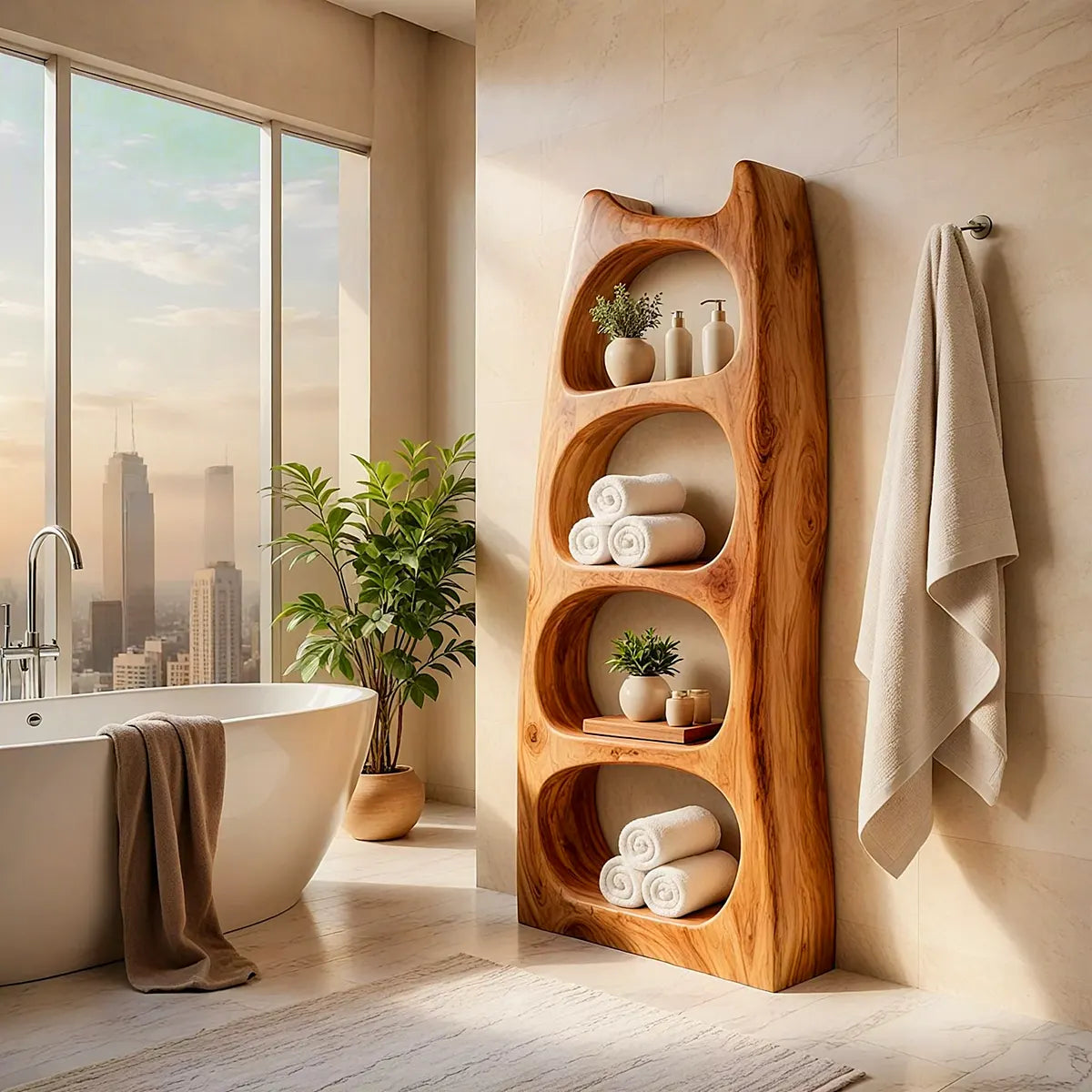 Tall Bathroom Storage Cabinet with Open Shelves | Sculptural Organic Modern Storage Tower TT006-3KAU7XR