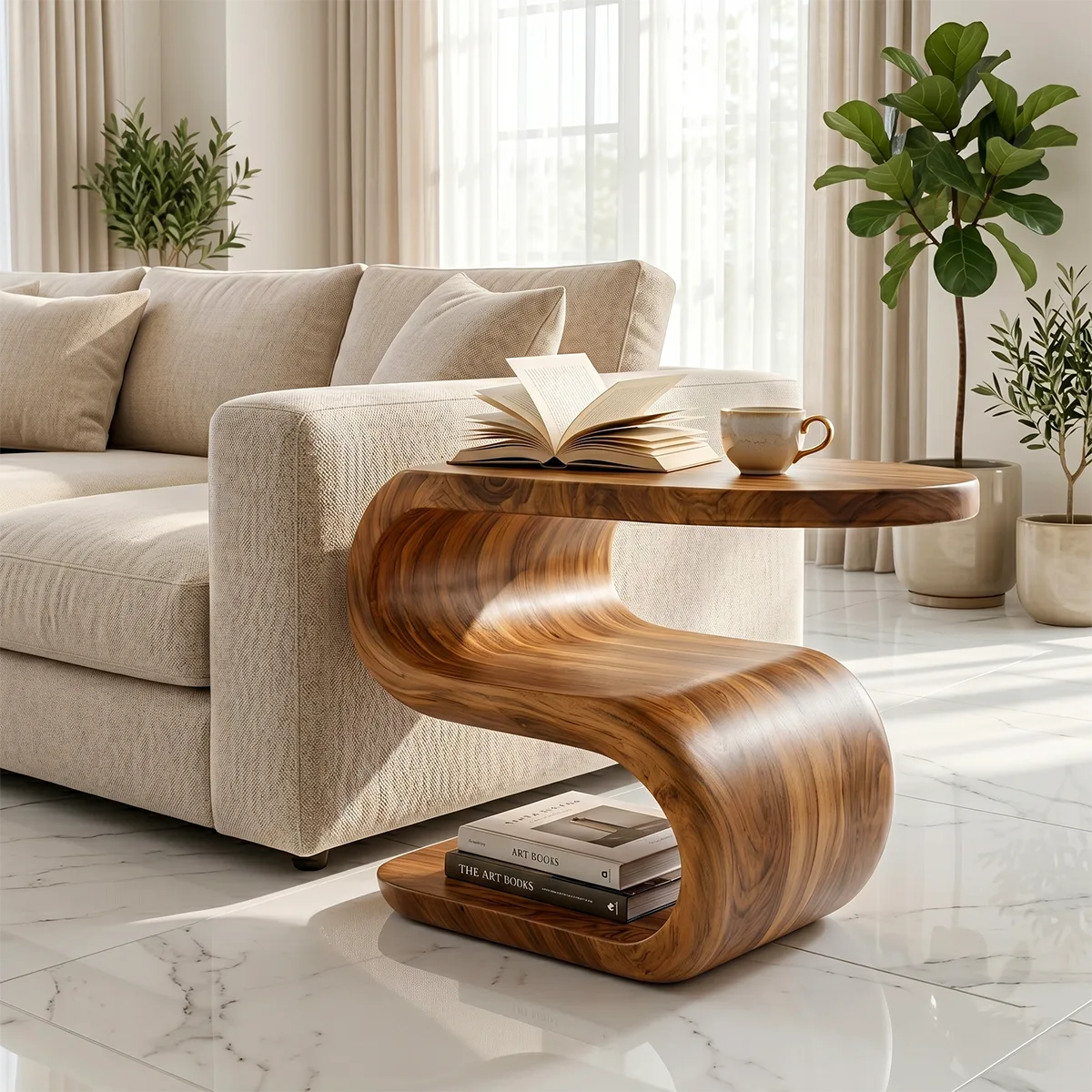 Solid Wood S-Shaped End Table – Sculptural Side Table for Living Room & Bedroom TH003-1734