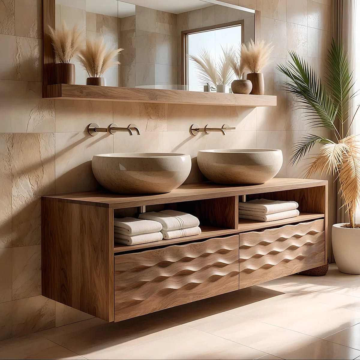 Solid Wood Bathroom Vanity with Sculpted Wave Drawers and Open Upper Shelves