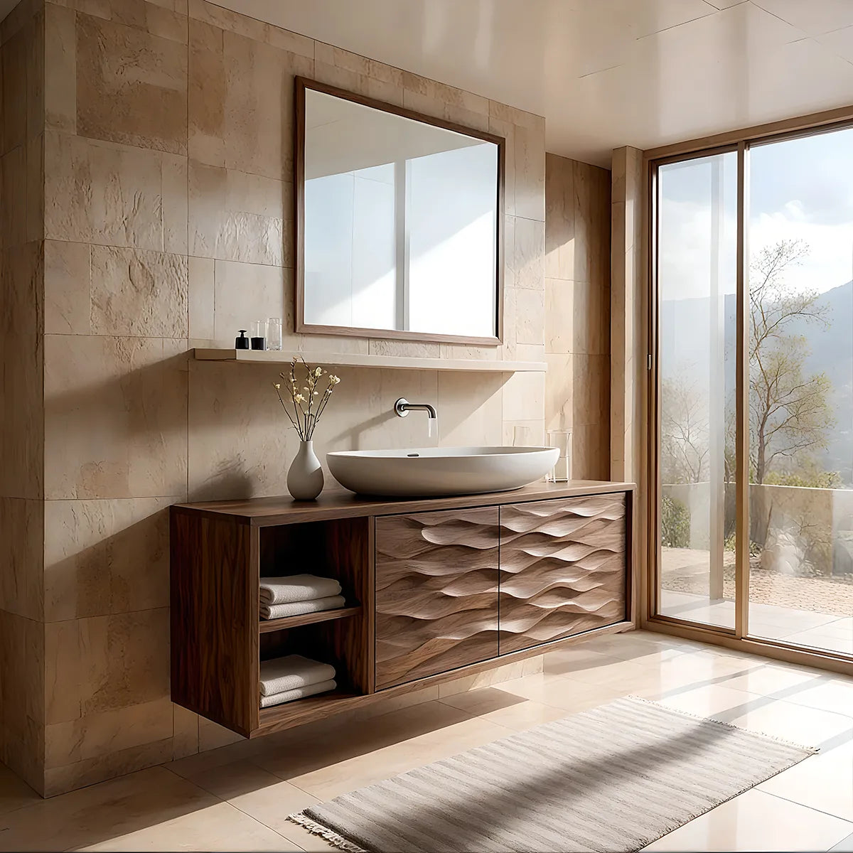 Floating Solid Wood Bathroom Vanity with Carved Wave Doors and Open Side Shelves