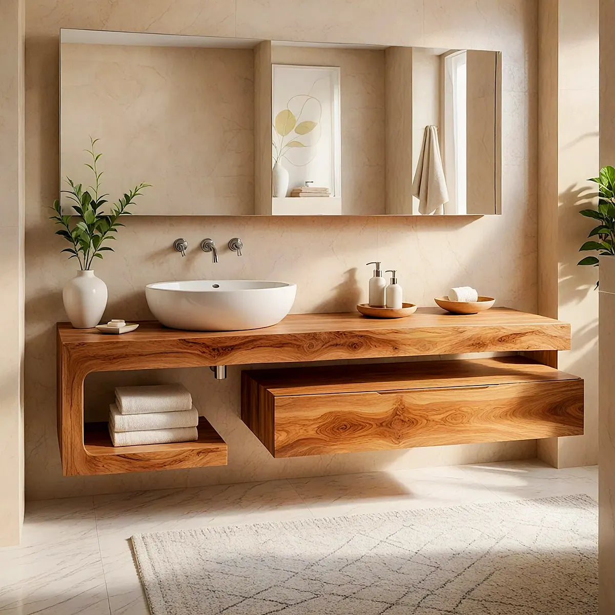 Floating Bathroom Vanity with Drawer & Open Shelf | Modern Curved Wall-Mounted Design TT006-2ZDO7SU