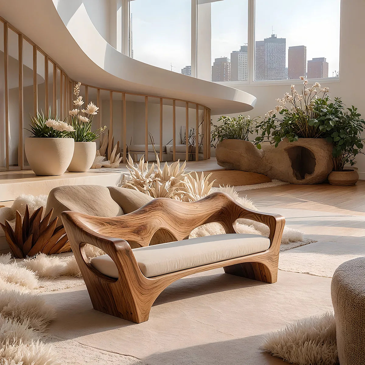 Organic Wave Sculptural Wooden Sofa with Handcrafted Artisan Frame