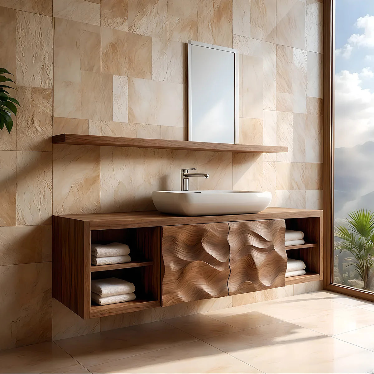 Floating Solid Wood Bathroom Vanity with Sculpted Doors and Open Side Shelves