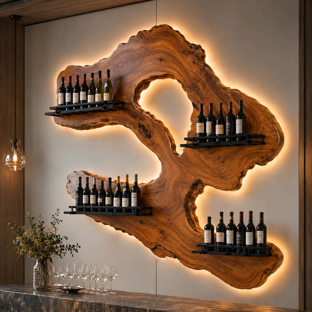 Rustic Live Edge Solid Wood Wall Wine Rack for Luxury Home Bars TT006-7332