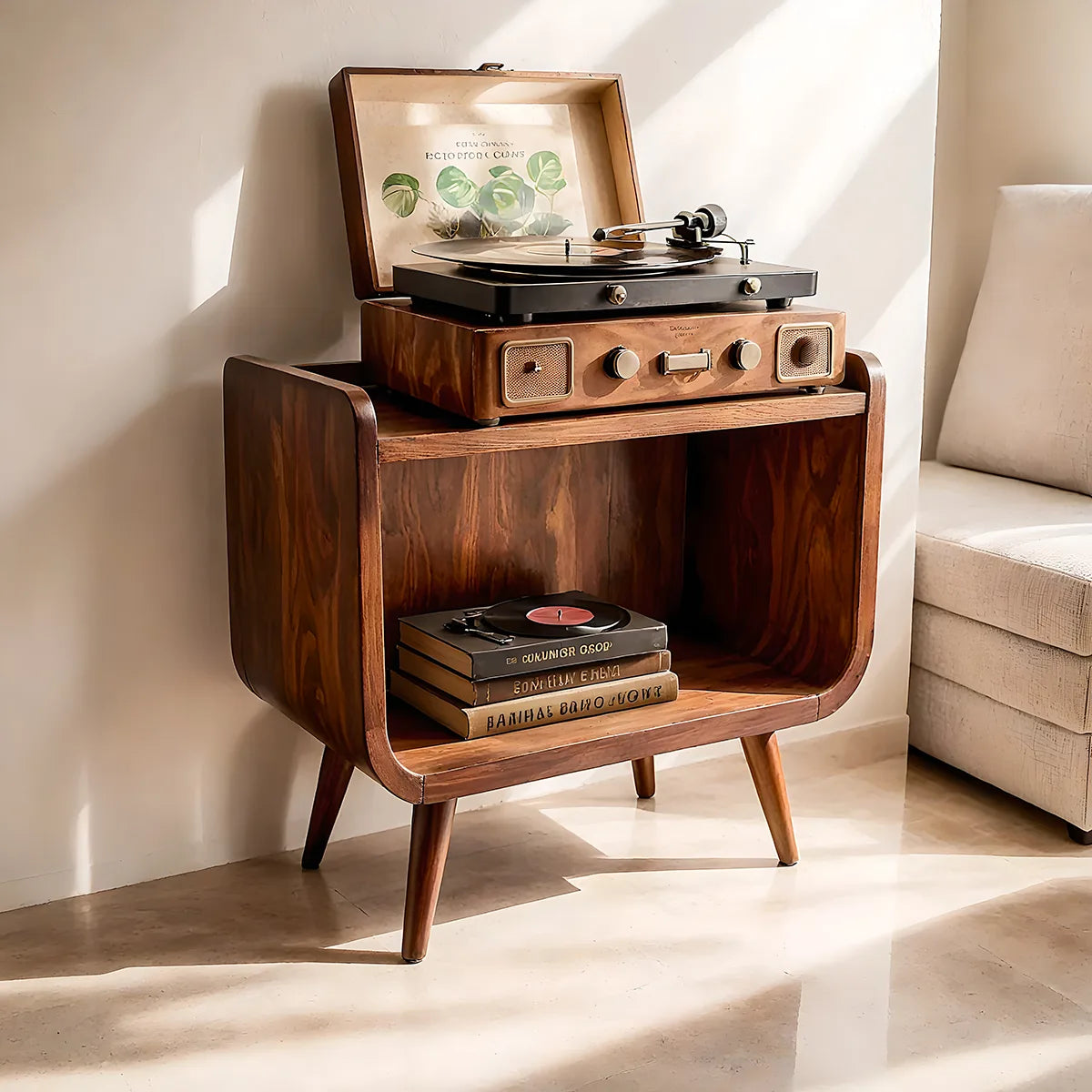Mid Century Wooden Record Player Stand With Open Storage