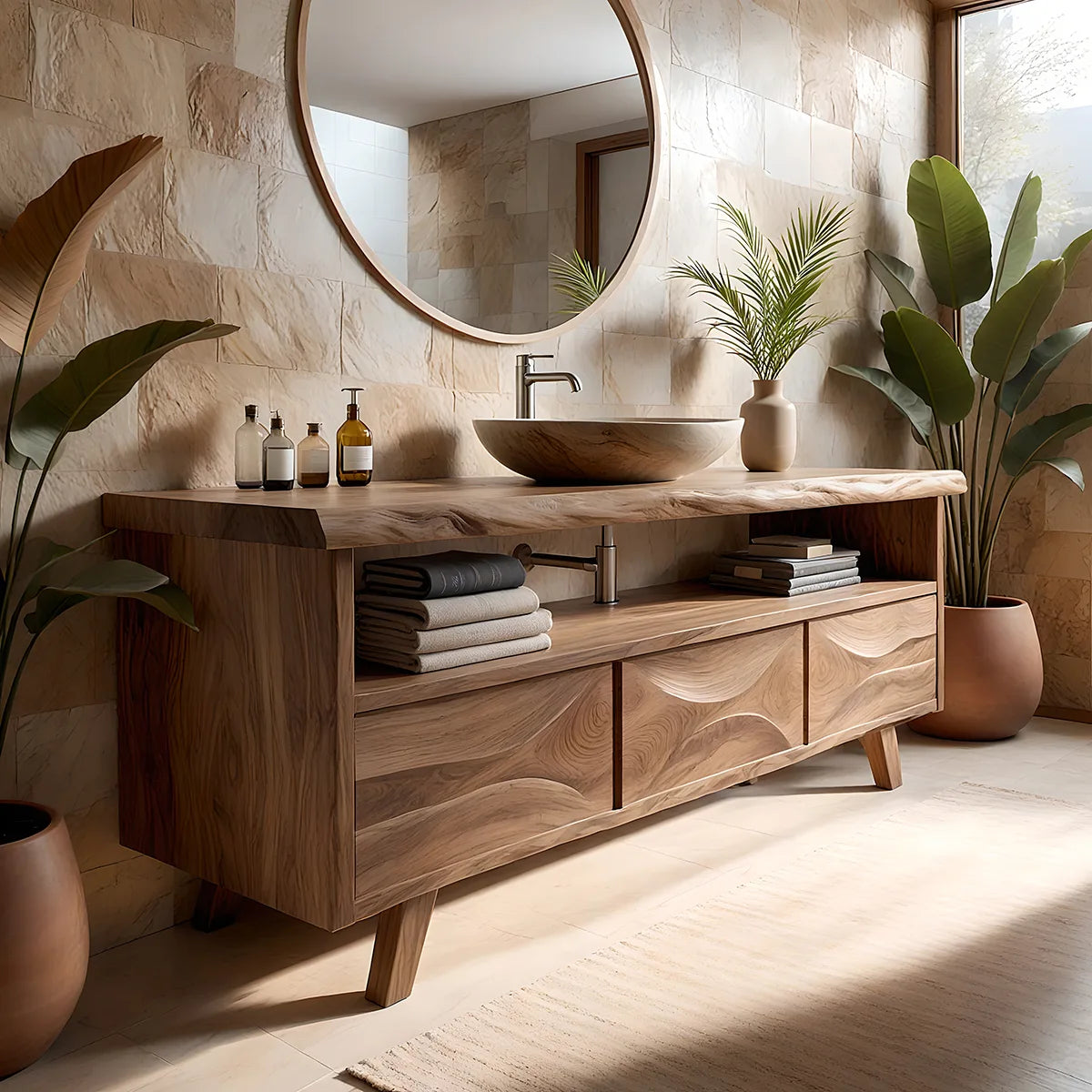 Solid Wood Bathroom Vanity with Open Shelf and 3 Drawers