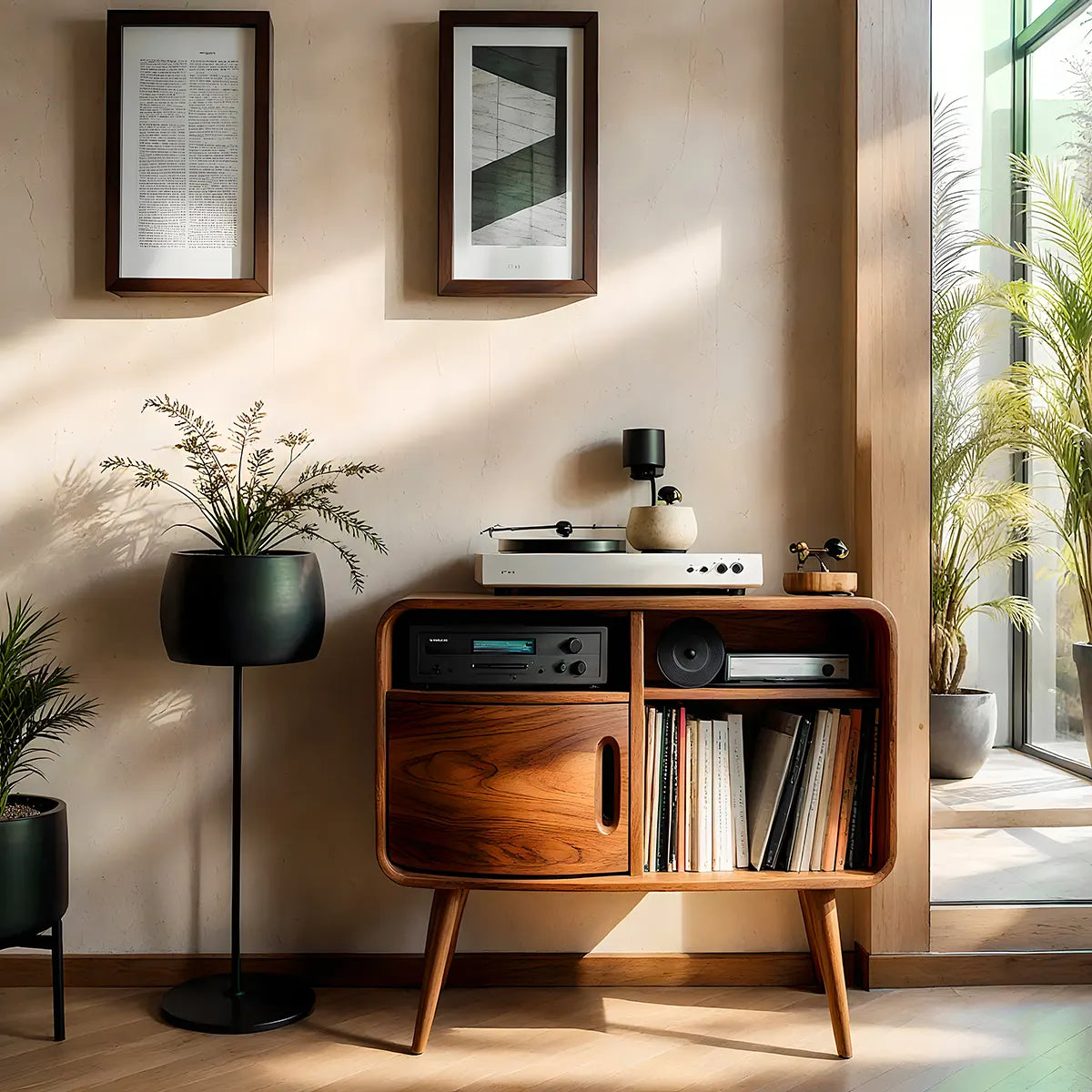 Mid Century Wooden Record Player Cabinet With Vinyl Storage
