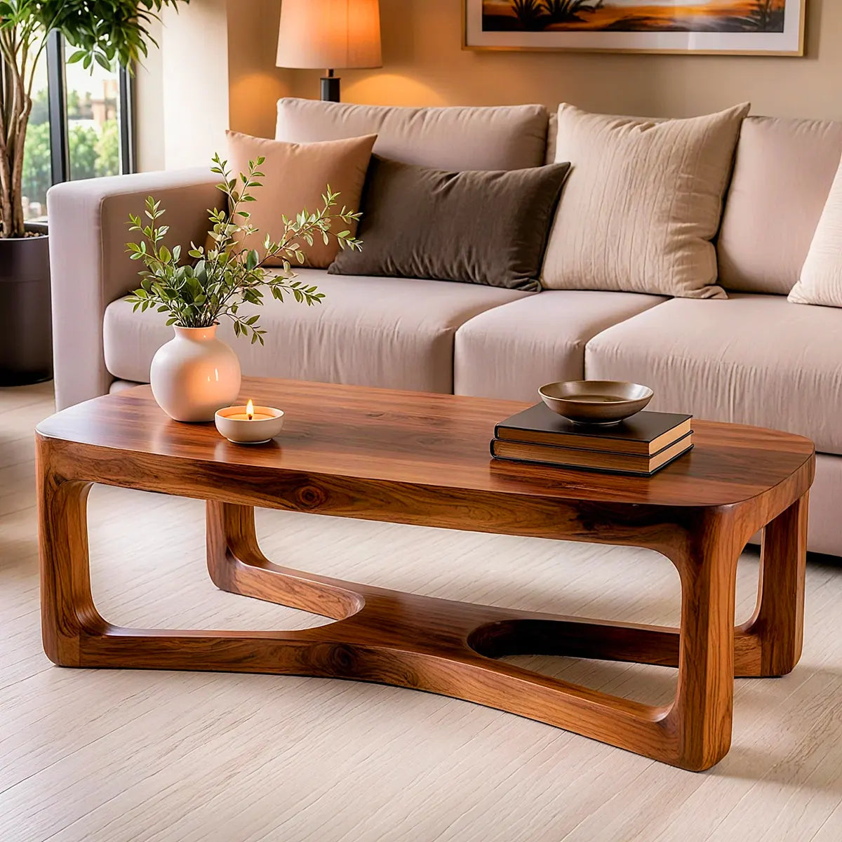 Modern Rectangular Coffee Table with Sculptural Open Shelf | Rounded Living Room Center Table TT006-2DWB9FN