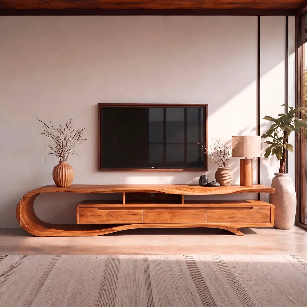 Sculptural Curved TV Stand with 3 Drawers & Open Storage | Modern Low Profile Media Console TT006-4OMT8HH