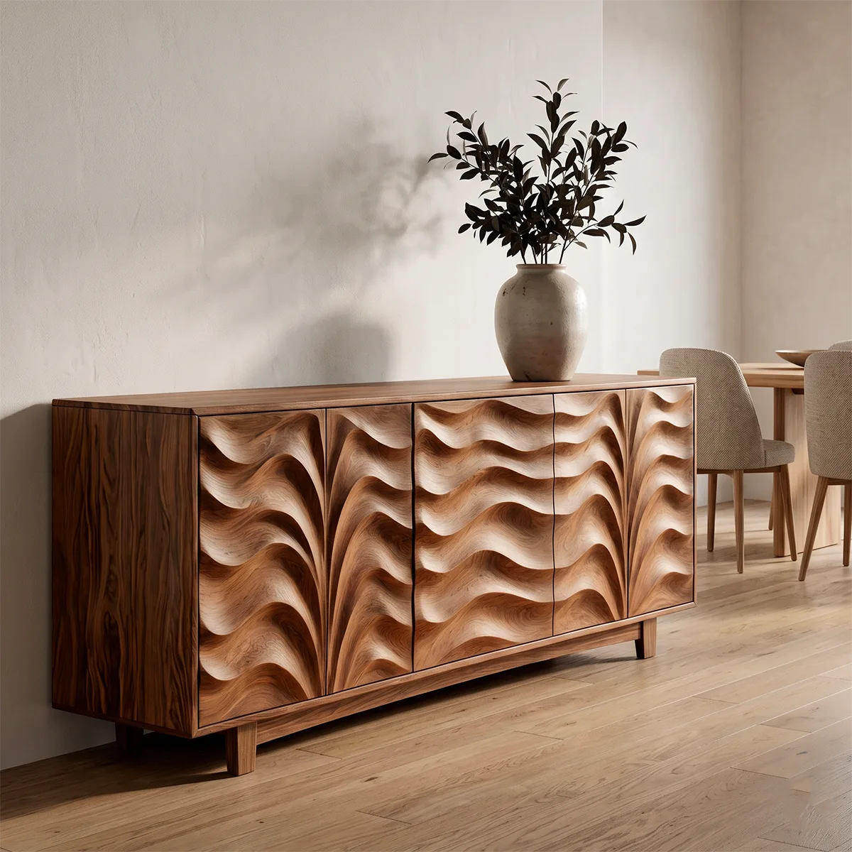 Carved Solid Wood Sideboard | Sculptural Hardwood Buffet Cabinet for Modern Dining Room TH003-5486