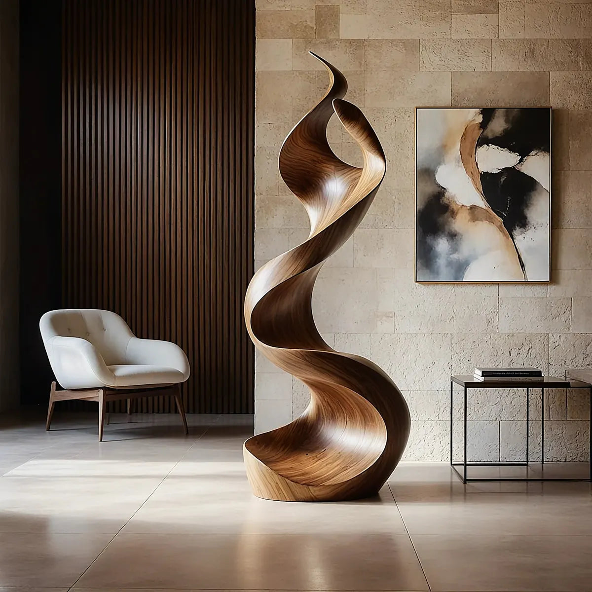 Handcrafted Solid Wood Ribbon Floor Sculpture – Modern Organic Statement Art TT006-2239