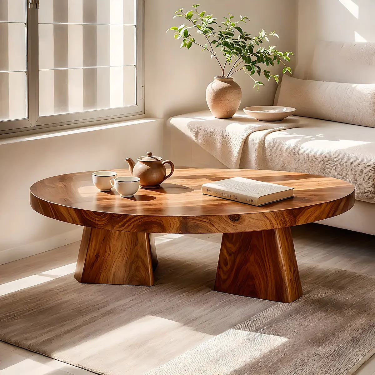 Round Solid Wood Coffee Table | Modern Hardwood Cocktail Table with Sculptural Pedestal Base TT006-5916