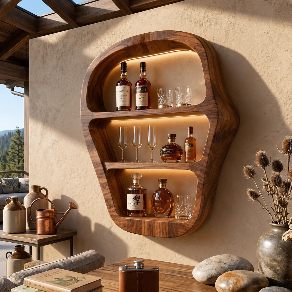 Sculptural Solid Wood Wall Wine Holder for Home Bars, Dining Rooms & Whiskey Lovers TT006-3455