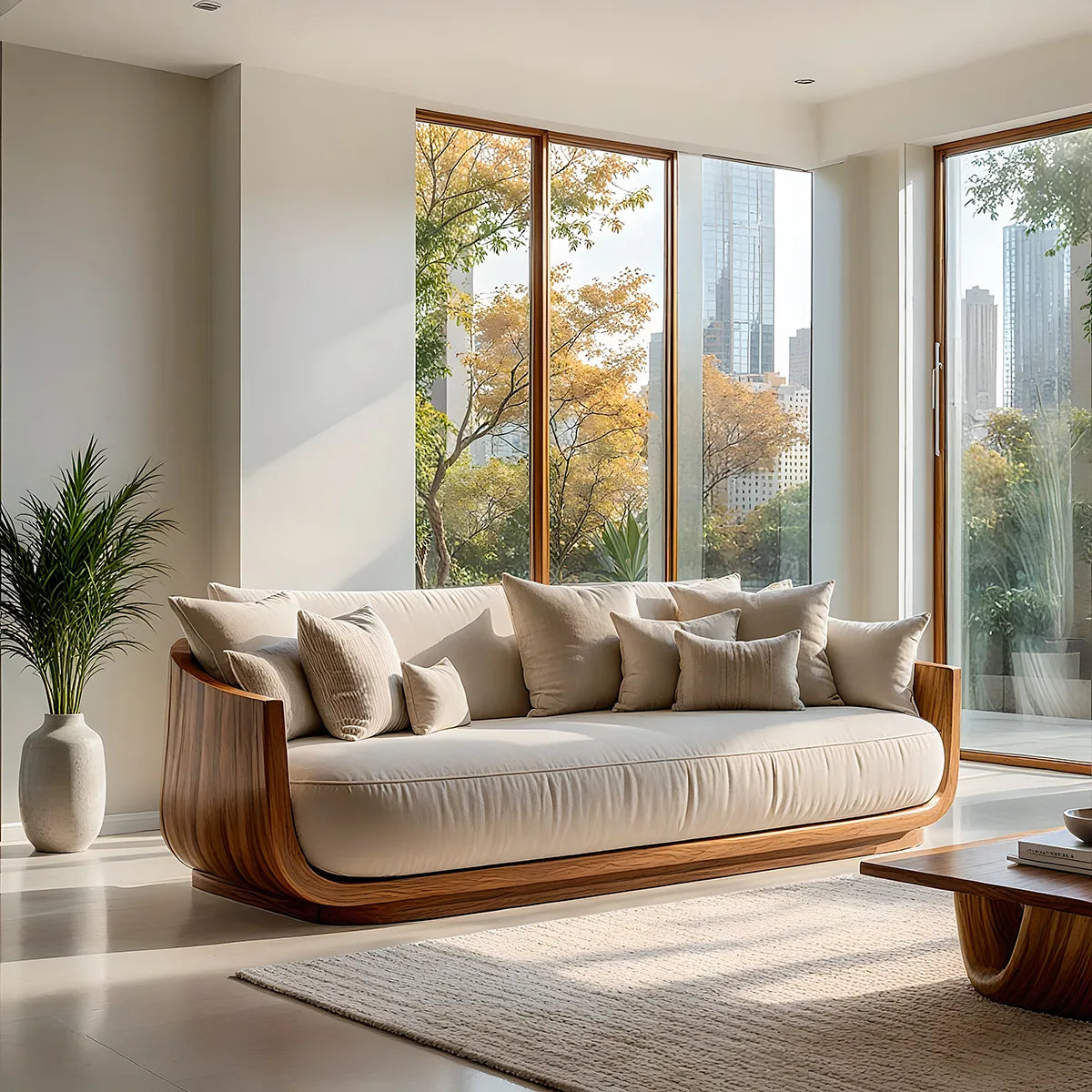 Luxury Organic Modern Solid Wood Curved Sofa with Deep Cushioned Seating