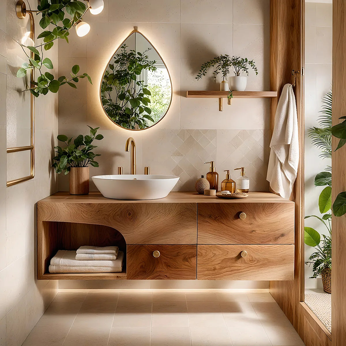 Floating Solid Wood Bathroom Vanity with 3 Drawers and Open Side Shelf