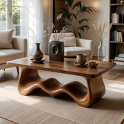 Handcrafted Solid Wood Coffee Table with Sculptural Wave Base TT006-8536