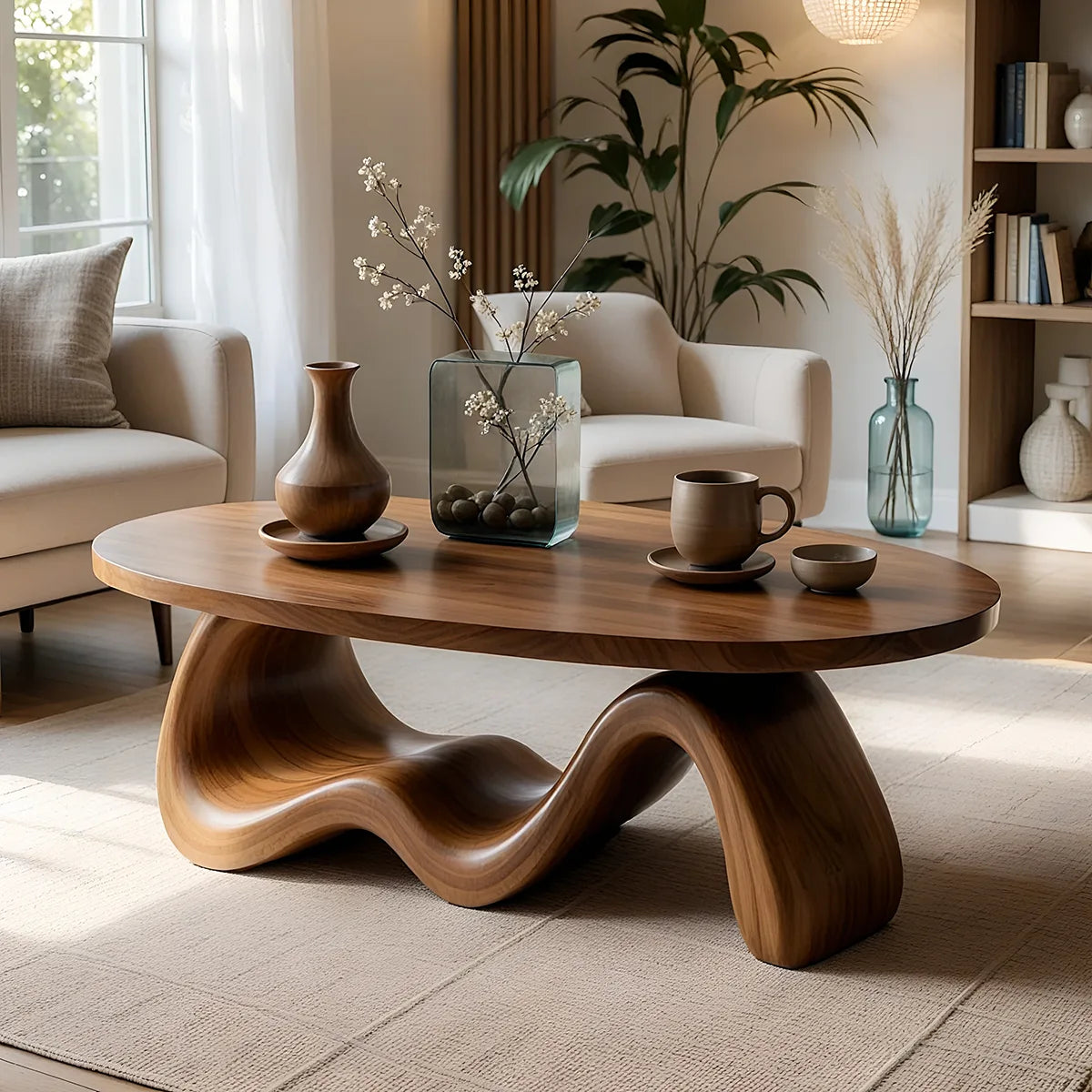 Handcrafted Solid Wood Oval Coffee Table with Sculptural Wave Base TT006-2220