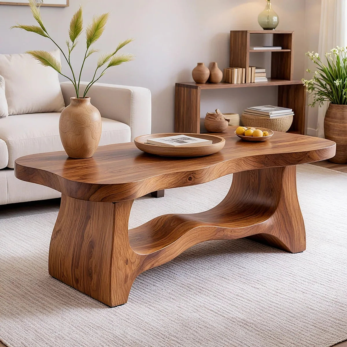 Handcrafted Solid Wood Coffee Table with Sculptural Open Shelf