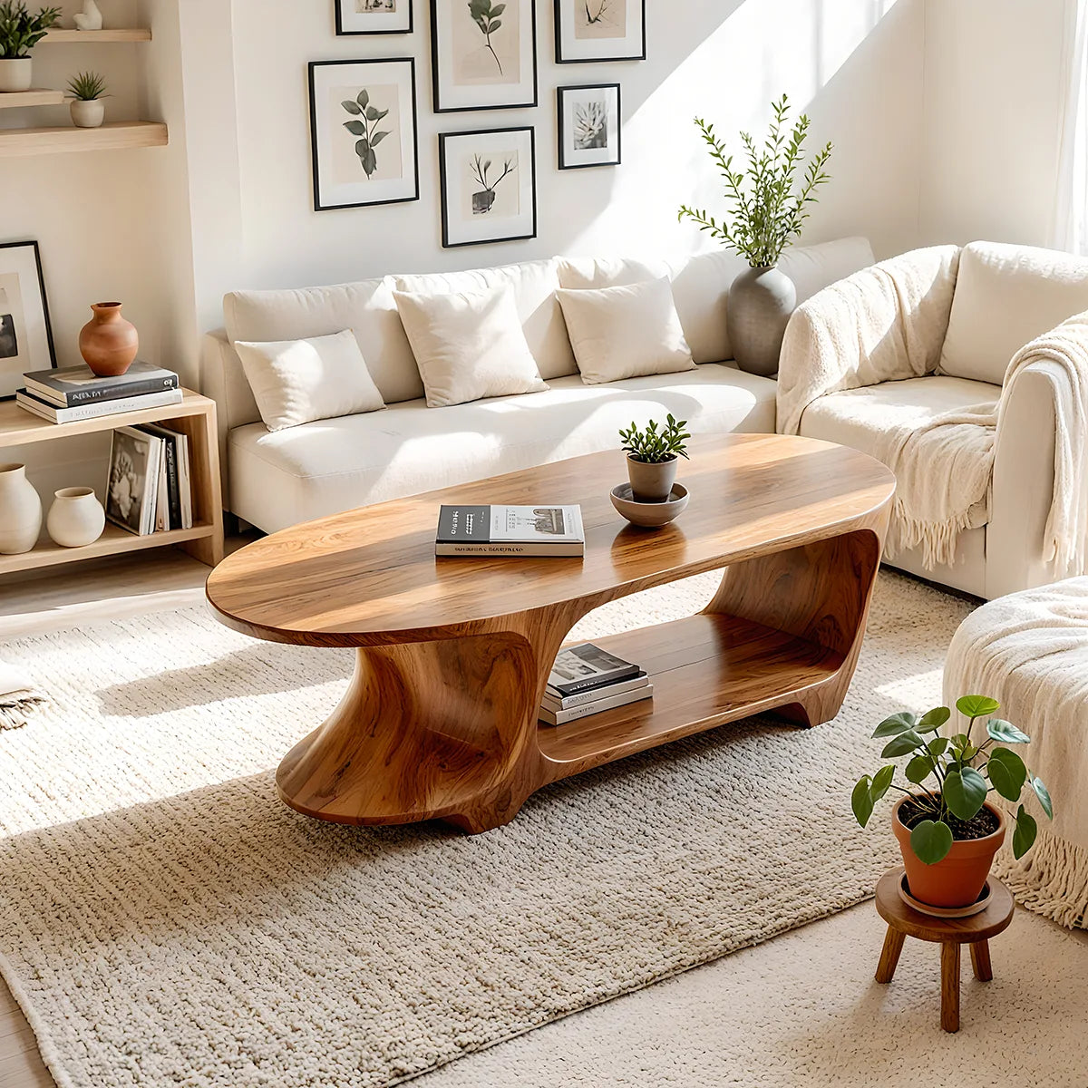 Oval Coffee Table with Storage Shelf | Handcrafted Solid Wood Center Table TT006-2530