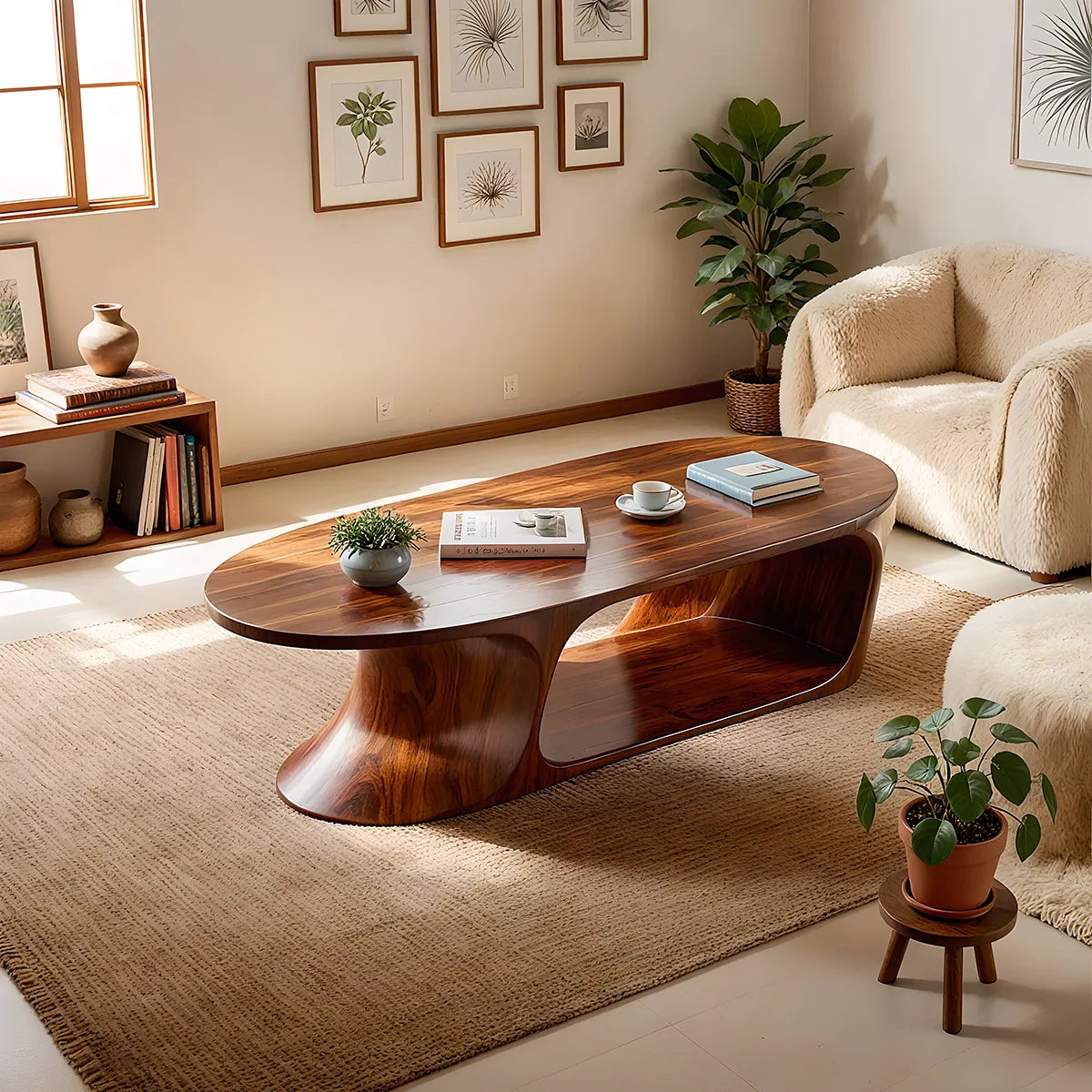 Oval Solid Wood Coffee Table with Storage Shelf | Modern Sculptural Center Table TT006-9490