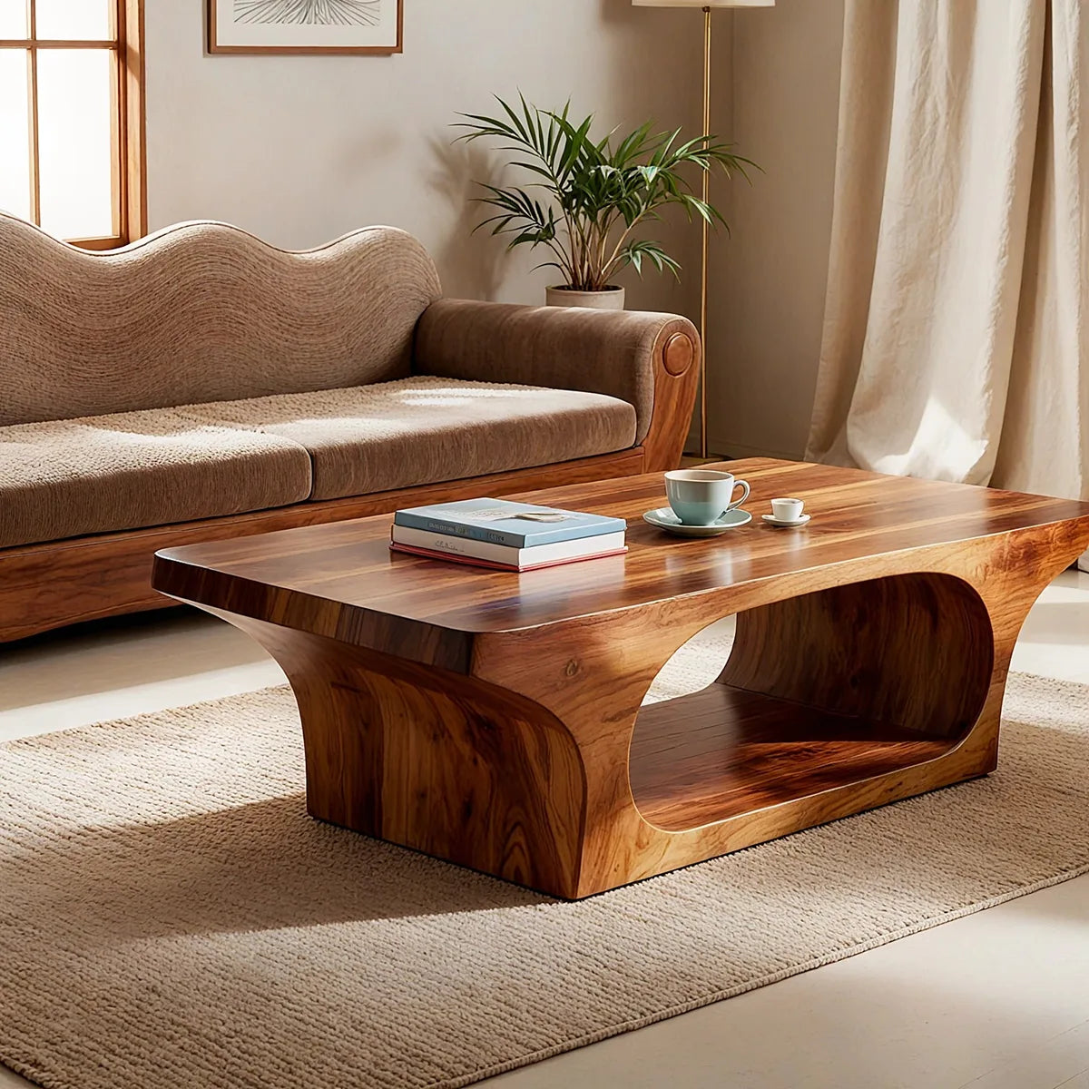 Modern Solid Wood Coffee Table with Sculptural Open Base TT006-6649