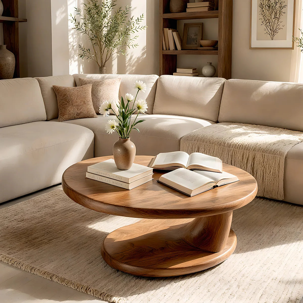 Round Solid Wood Coffee Table with Open Shelf | Modern Sculptural Living Room Table TT006-1486