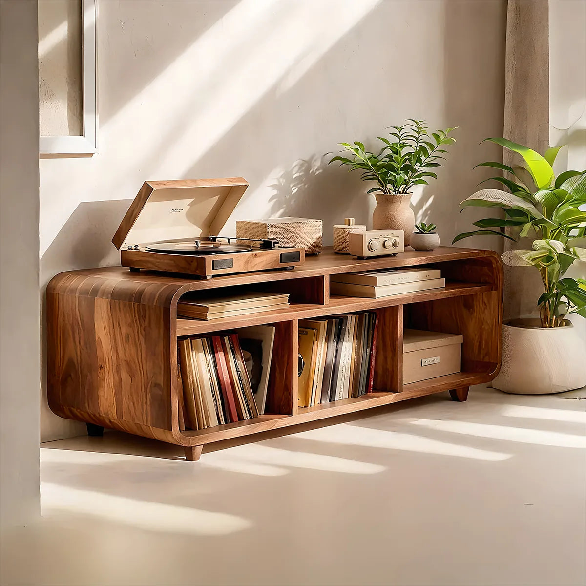 Handcrafted Solid Wood Record Player Media Console With Vinyl Storage Home Decor
