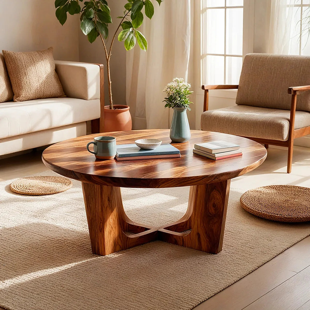 Round Solid Wood Coffee Table – Handcrafted Rustic Modern Living Room Table