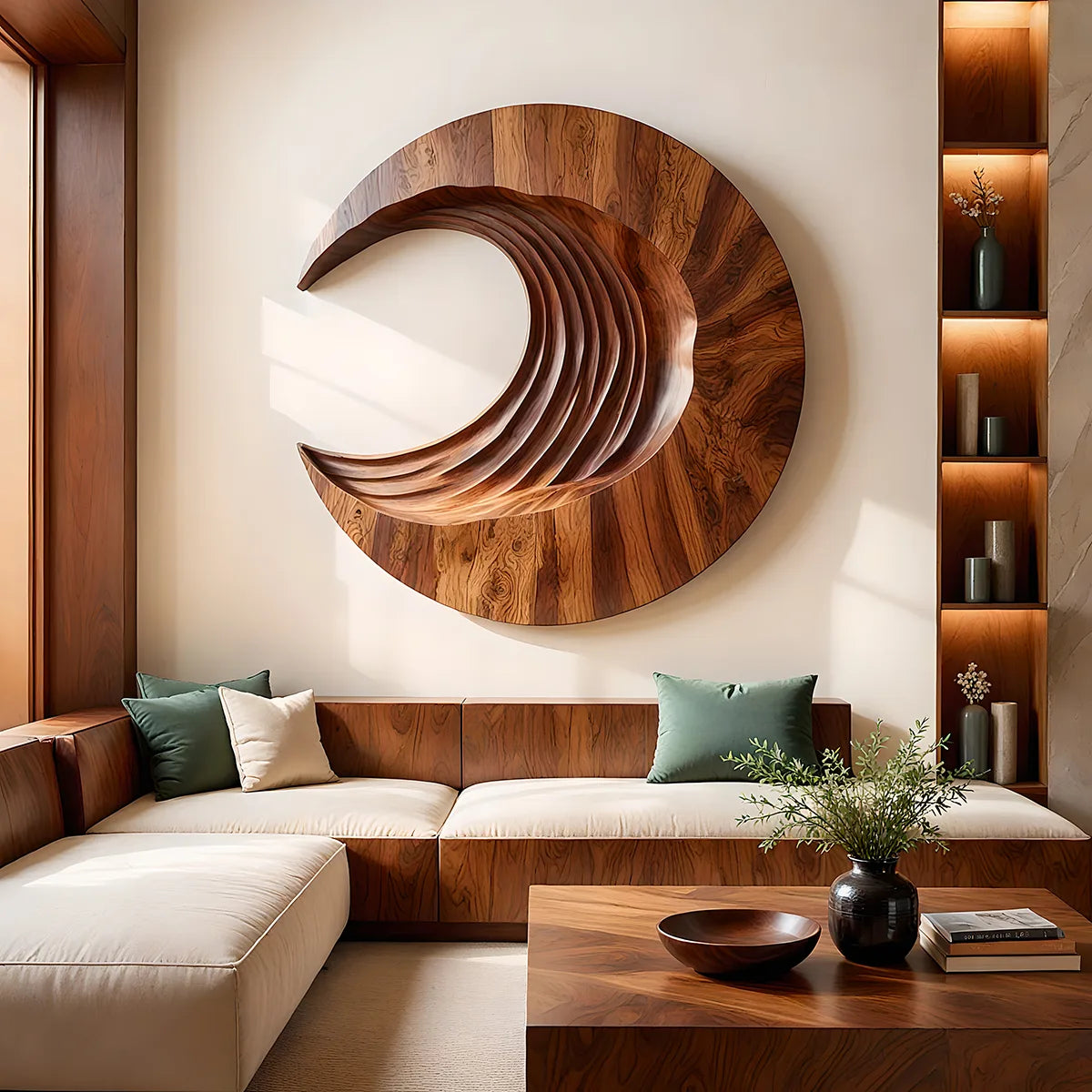 Abstract Crescent Wave Wood Wall Art | Large Round Wooden Wall Sculpture TT006-9169