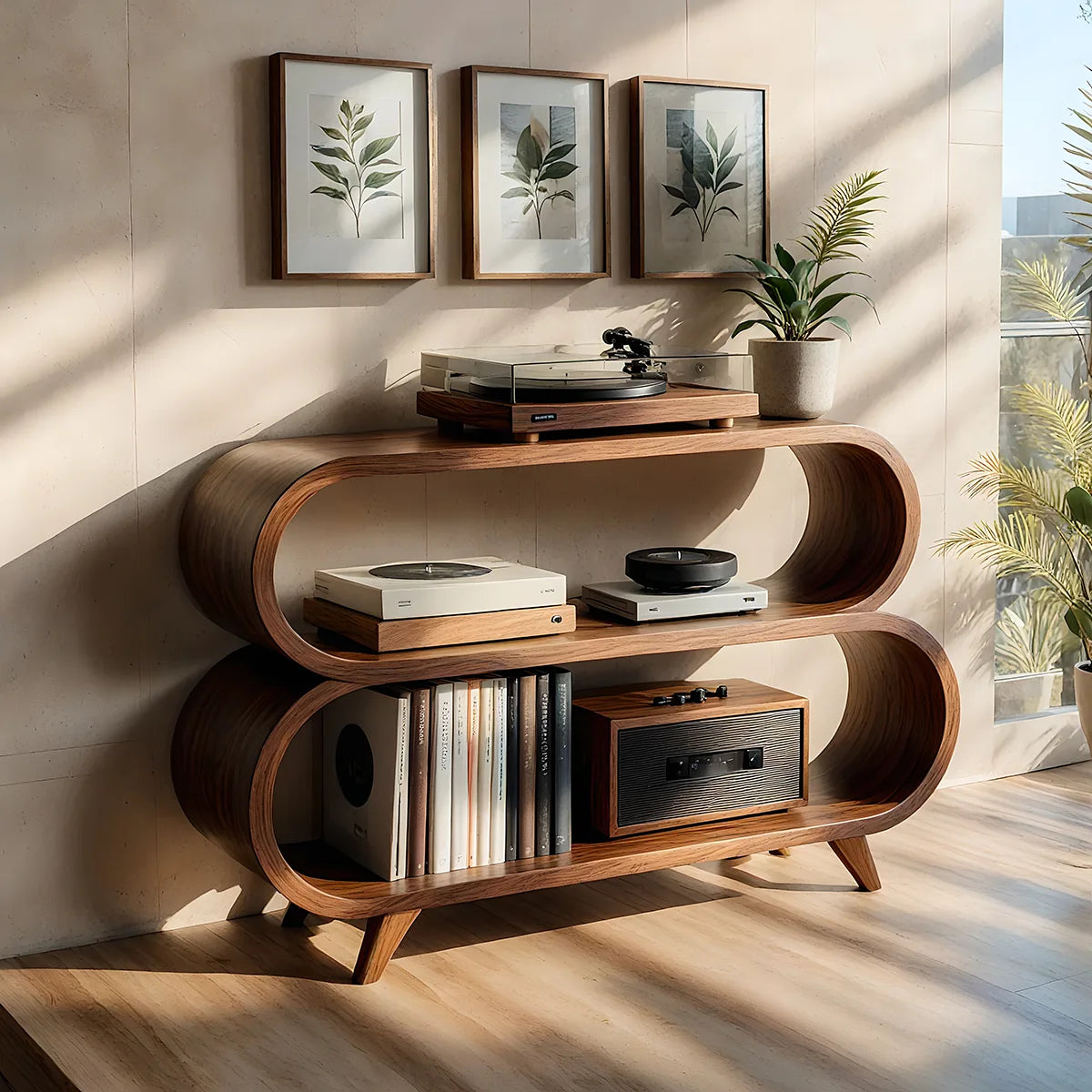 Organic Soft Wave Curved Wood Console Base | Mid-Century Modern Shelving