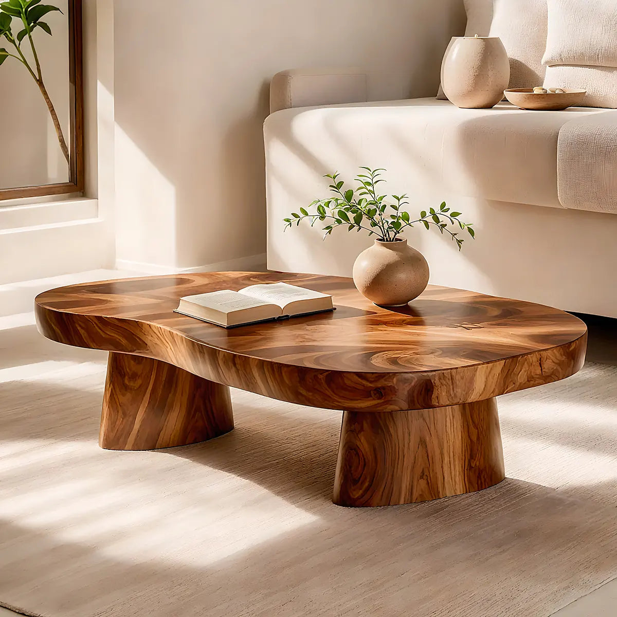 Organic Solid Wood Coffee Table | Sculptural Hardwood Cocktail Table with Dual Pedestal Base TT006-4930