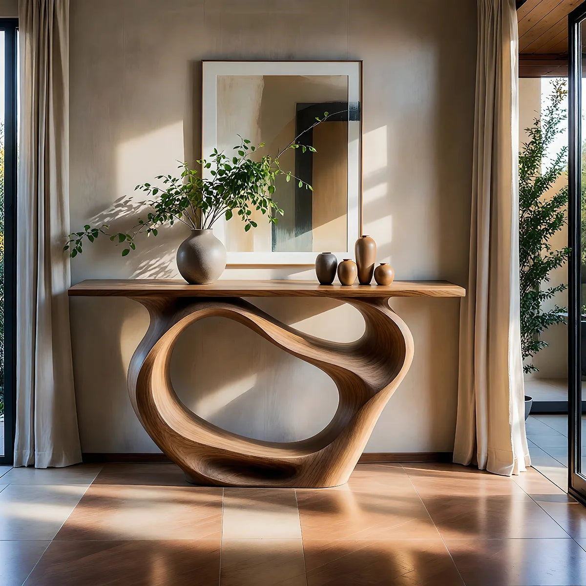 Sculptural Solid Wood Console Table with Organic Openwork Base