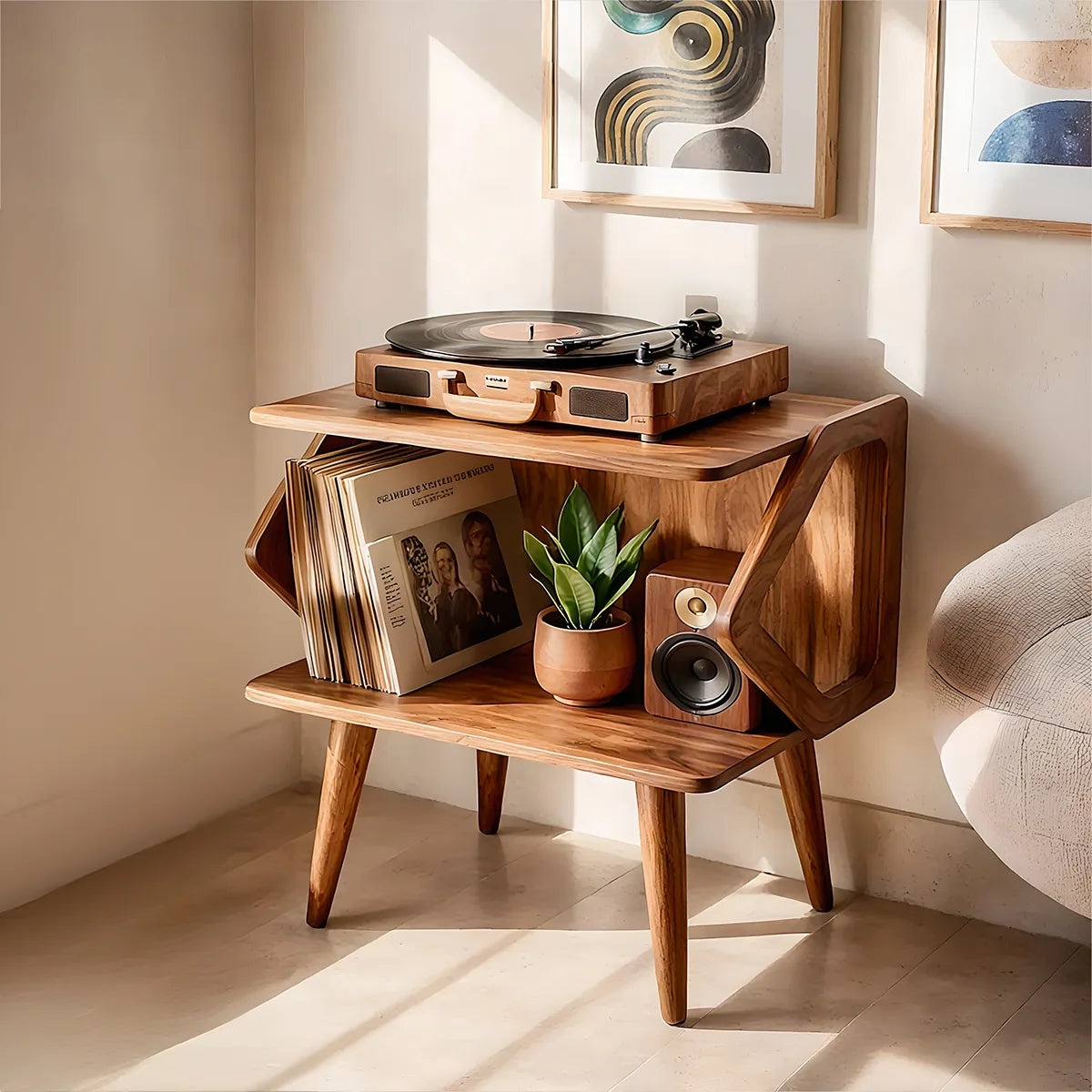 Mid Century Wooden Record Player Stand With Vinyl Storage