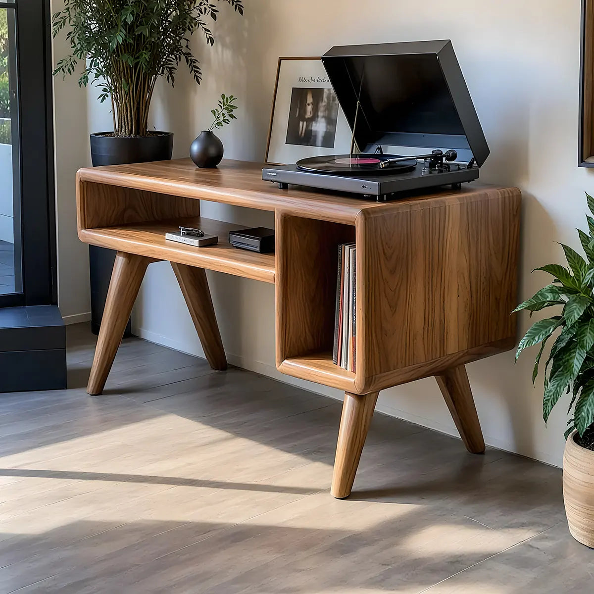 Mid-Century Modern Wood Record Player Stand & Vinyl Storage