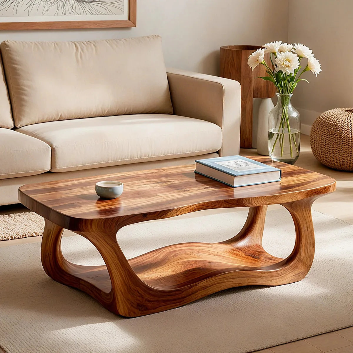 Handcrafted Solid Wood Coffee Table with Sculptural Wave Shelf TT006-8083