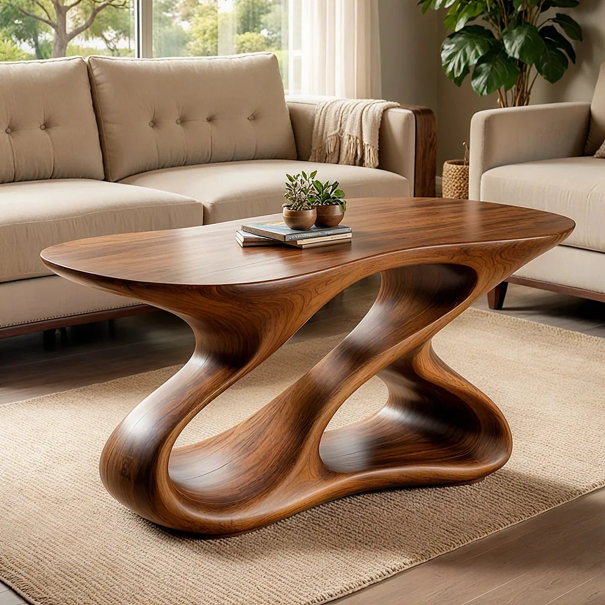 Sculptural Solid Wood Coffee Table with Organic Loop Base TT006-5526
